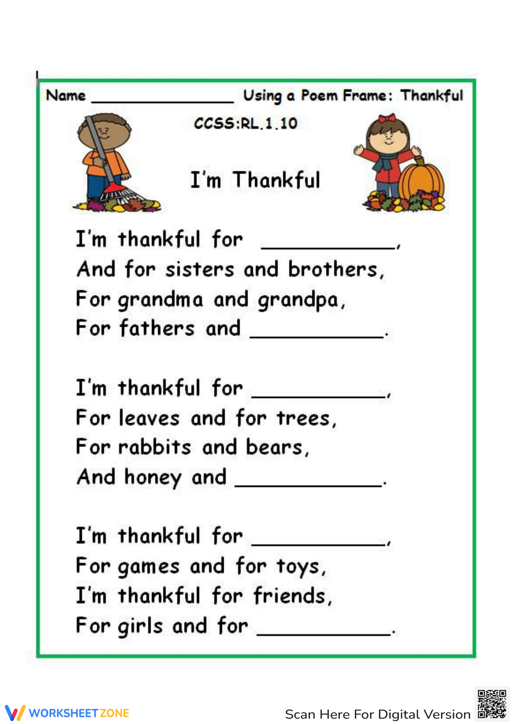 Printable Thanksgiving Poems For Kids Worksheets regarding Thanksgiving Fill In The Blank Poems