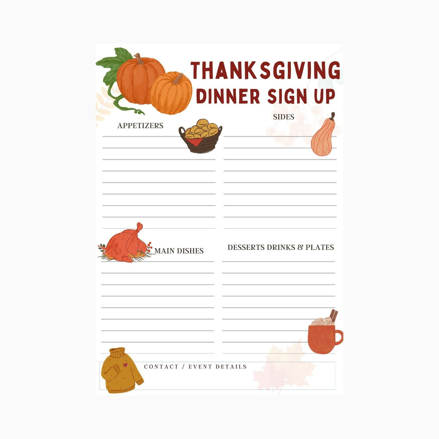 Printable Thanksgiving Potluck Sign Up Sheet, Thanksgiving Dinner in Thanksgiving Lunch Sign Up Sheet Printable