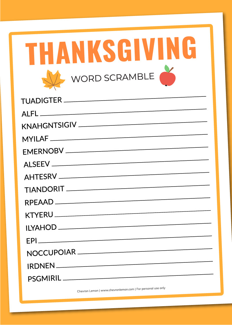 Printable Thanksgiving Word Scramble - Chevron Lemon pertaining to Thanksgiving Word Scramble Printable Free