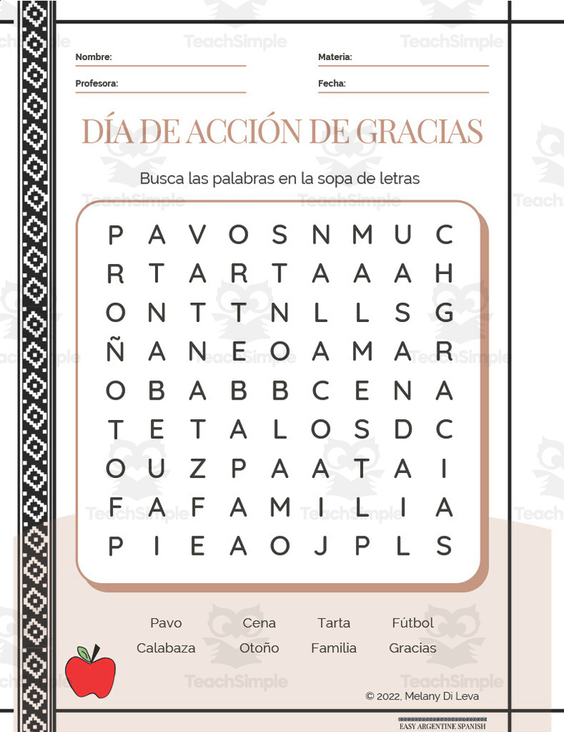 Spanish: Thanksgiving Day Word Search Packet in Spanish Thanksgiving Word Search Printable