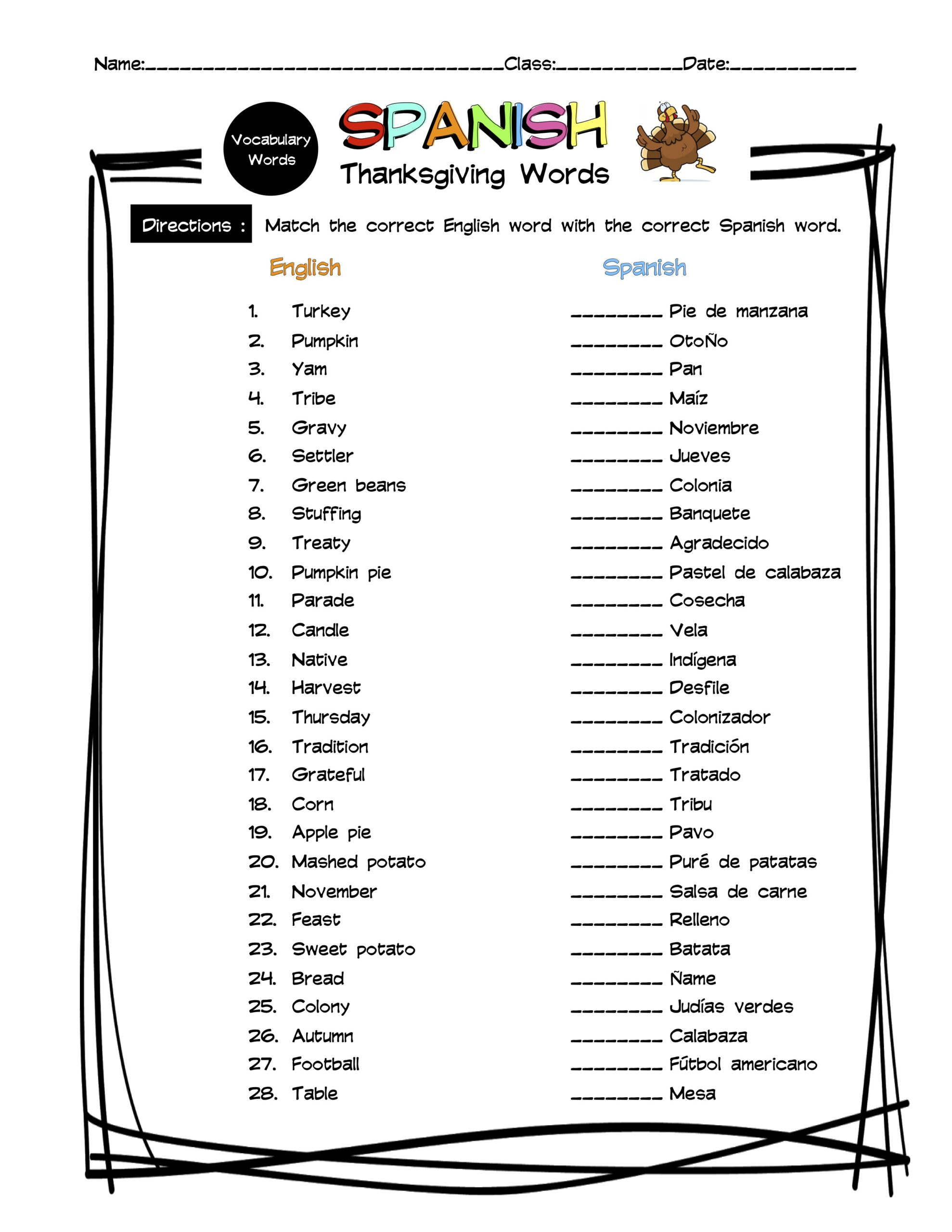 Spanish Thanksgiving Vocabulary Matching Worksheet & Answer Key for Thanksgiving Spanish Worksheets