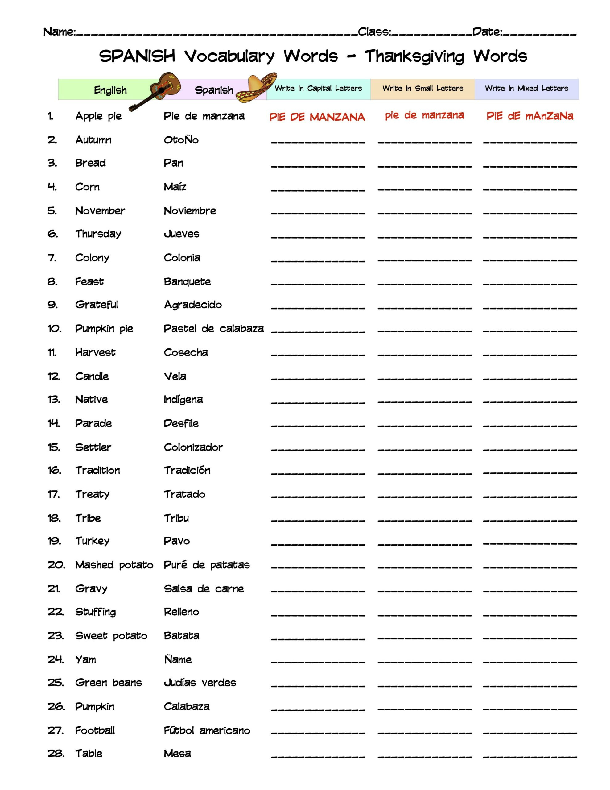 Spanish Thanksgiving Vocabulary Word List Column Worksheet | Made pertaining to Spanish Thanksgiving Vocabulary Worksheets