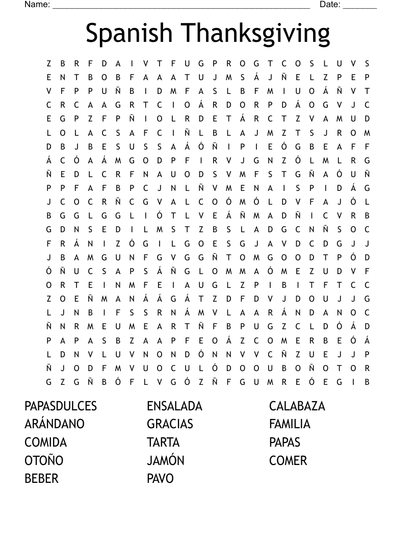 Spanish Thanksgiving Word Search - Wordmint in Thanksgiving Word Search Printable Spanish