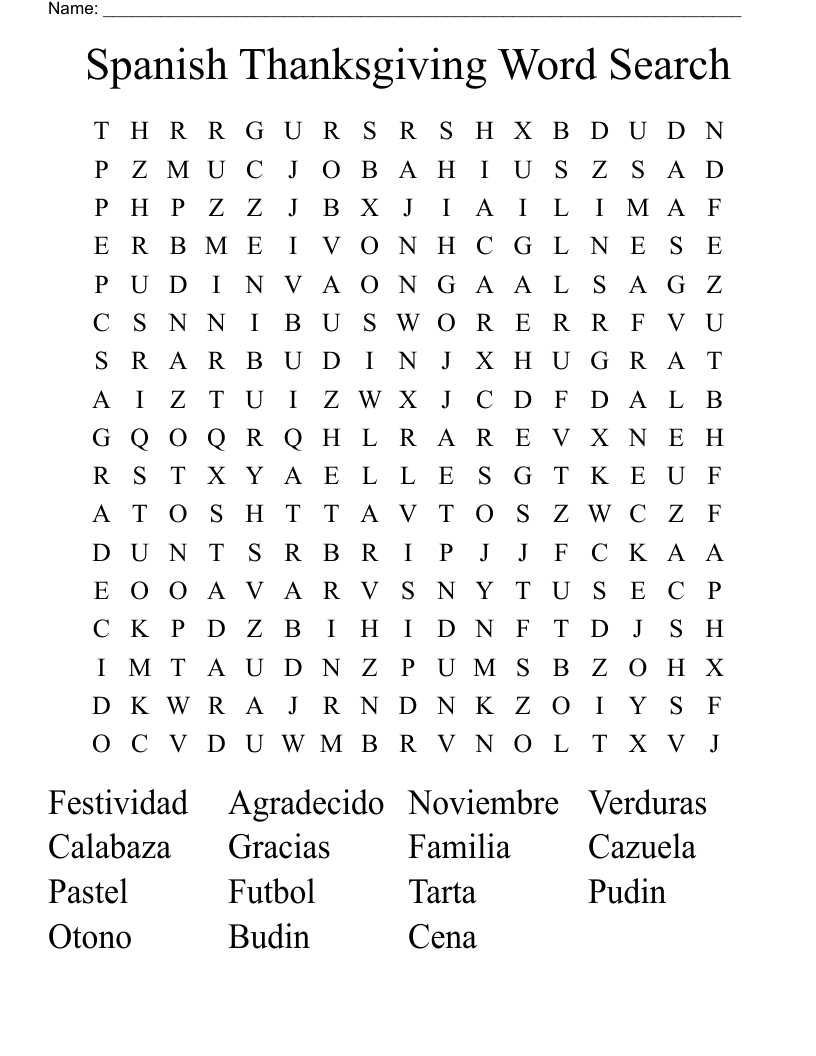 Spanish Thanksgiving Word Search - Wordmint throughout Spanish Thanksgiving Vocabulary Worksheets