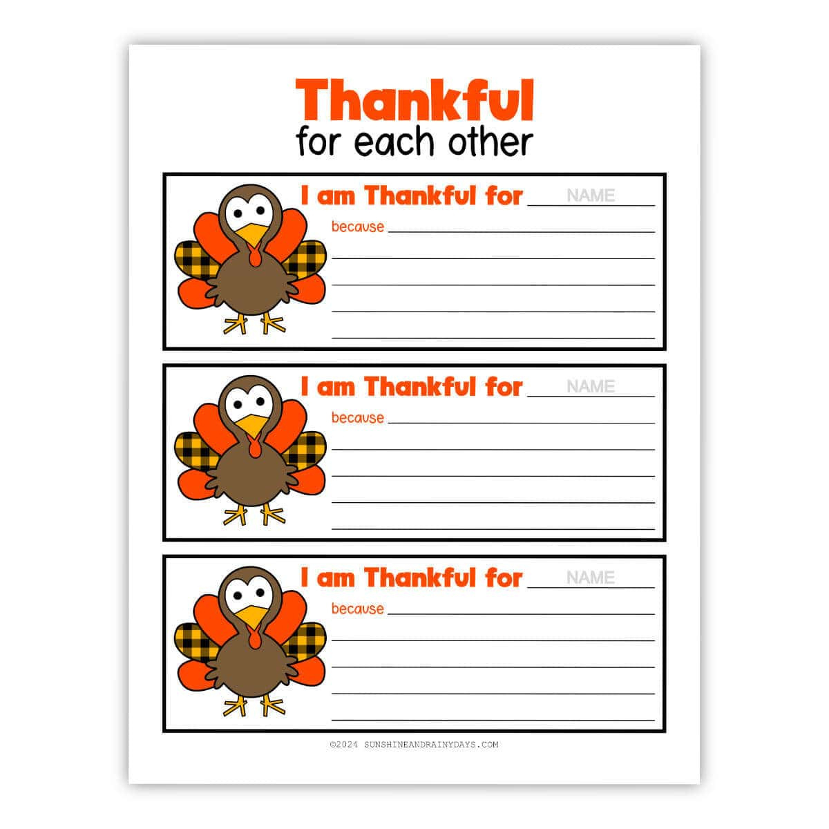 Thankful For Each Other Printable - Sunshine And Rainy Days inside I Am Thankful For Write Name Here Printable