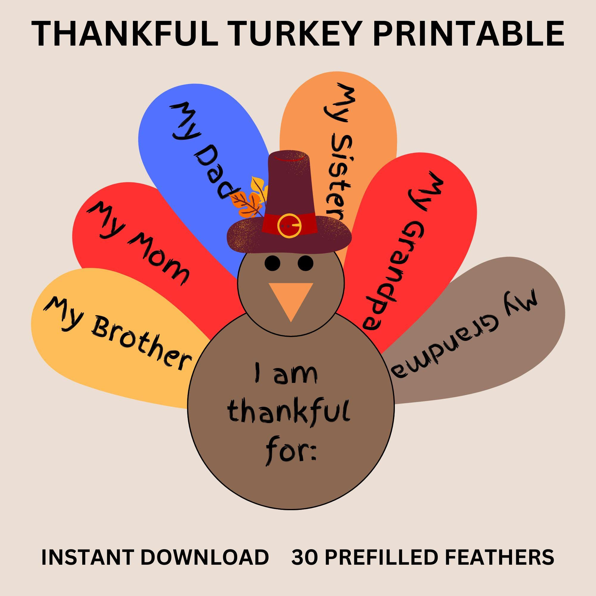 Thankful Turkey Craft: Thanksgiving Printable (Pdf) - Etsy Israel regarding Picture of a Thanksgiving Turkey Printable