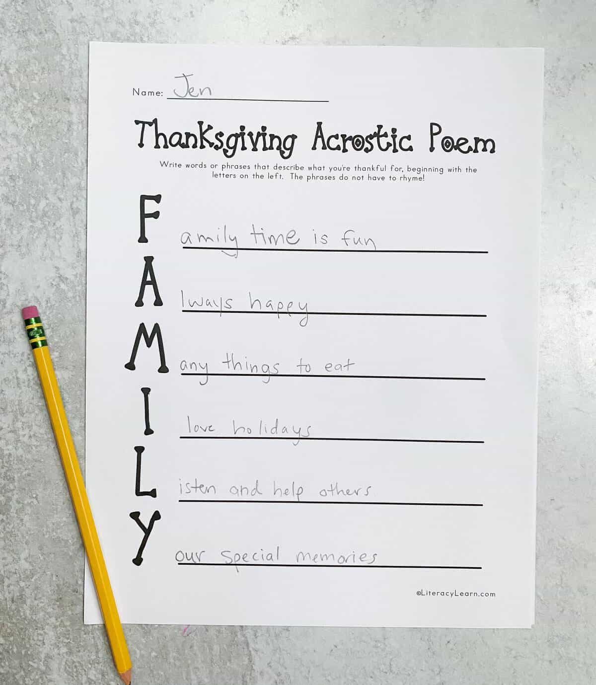 Thanksgiving Acrostic Poems - 4 Free Printables - Literacy Learn regarding Thanksgiving Acrostic Poem Printable