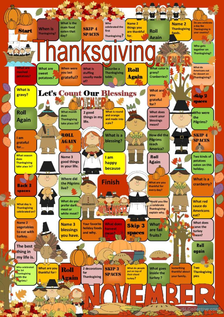 Thanksgiving Boardgame Board Game: English Esl Worksheets Pdf &amp;amp; Doc in Thanksgiving Game Board Printable