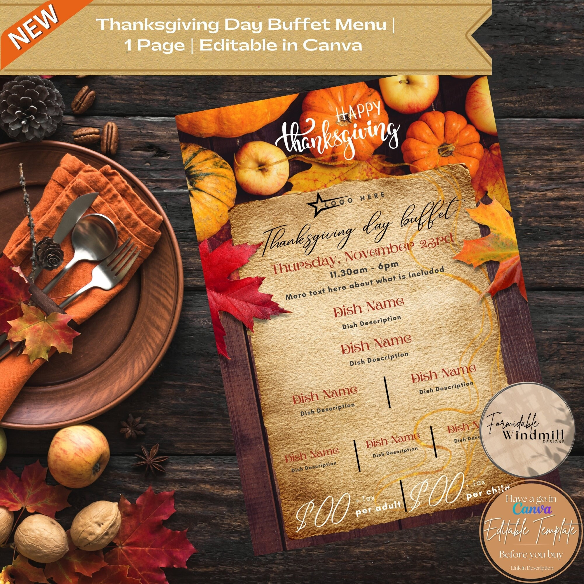 Thanksgiving Buffet Menu Template: Pumpkin &amp;amp; Leaves Design (Canva in Thanksgiving Brunch Menu Template