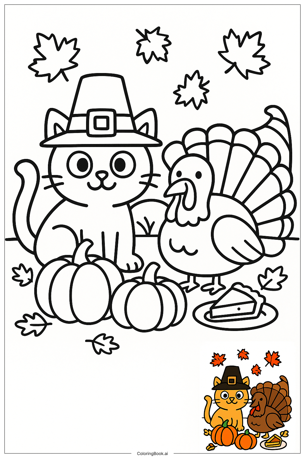 Thanksgiving Cat With Turkey Coloring Page (Free Pdf&Png Printable) throughout Thanksgiving Cat Coloring Pages Printable