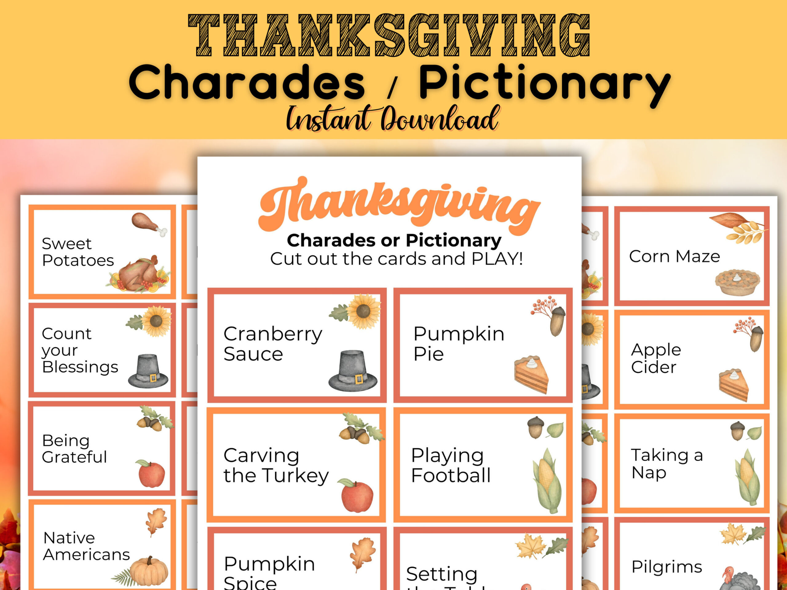 Thanksgiving Charades Pictionary, Thanksgiving Game Kids &amp;amp; Adults throughout Printable Thanksgiving Pictionary Words