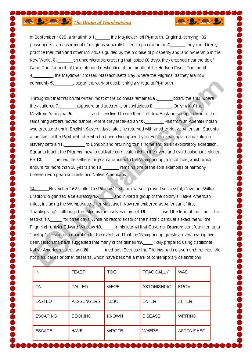 Thanksgiving Cloze Text - Esl Worksheetalaniss within Thanksgiving Cloze Worksheets