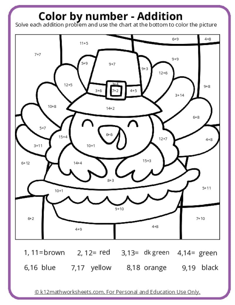Thanksgiving Colornumber Pages - K12 Math Worksheets for Thanksgiving Addition Worksheets Kindergarten