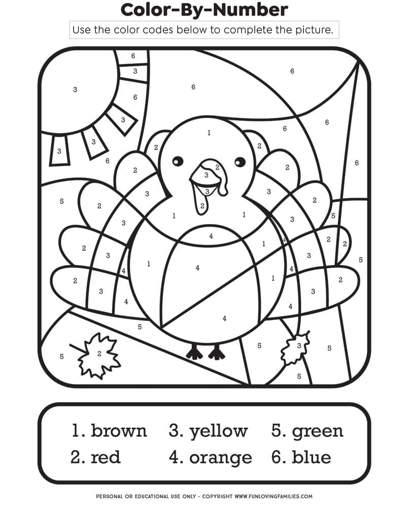 Thanksgiving Colornumber Printable Kids Activity - Fun Loving throughout Thanksgiving Printables to Color
