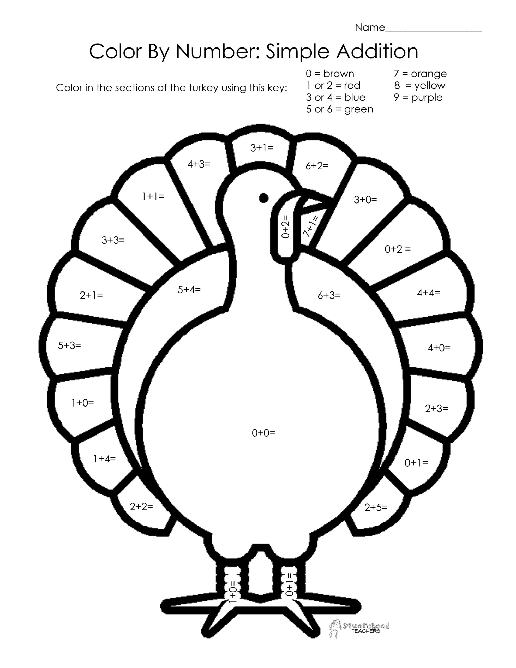Thanksgiving Colornumber: Simple Addition | Squarehead Teachers with Thanksgiving Coloring Math Worksheets