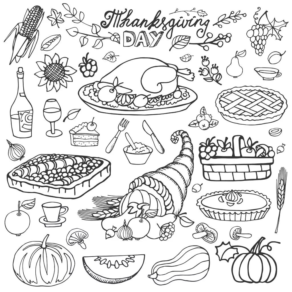 Thanksgiving-Cornucopia-And-Turkey-By-Tatiana-Kostysheva throughout Thanksgiving Food Coloring Pages Printable