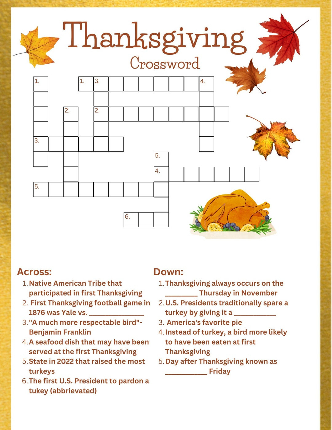 Thanksgiving Crossword - Etsy throughout Thanksgiving Day Crossword Printables