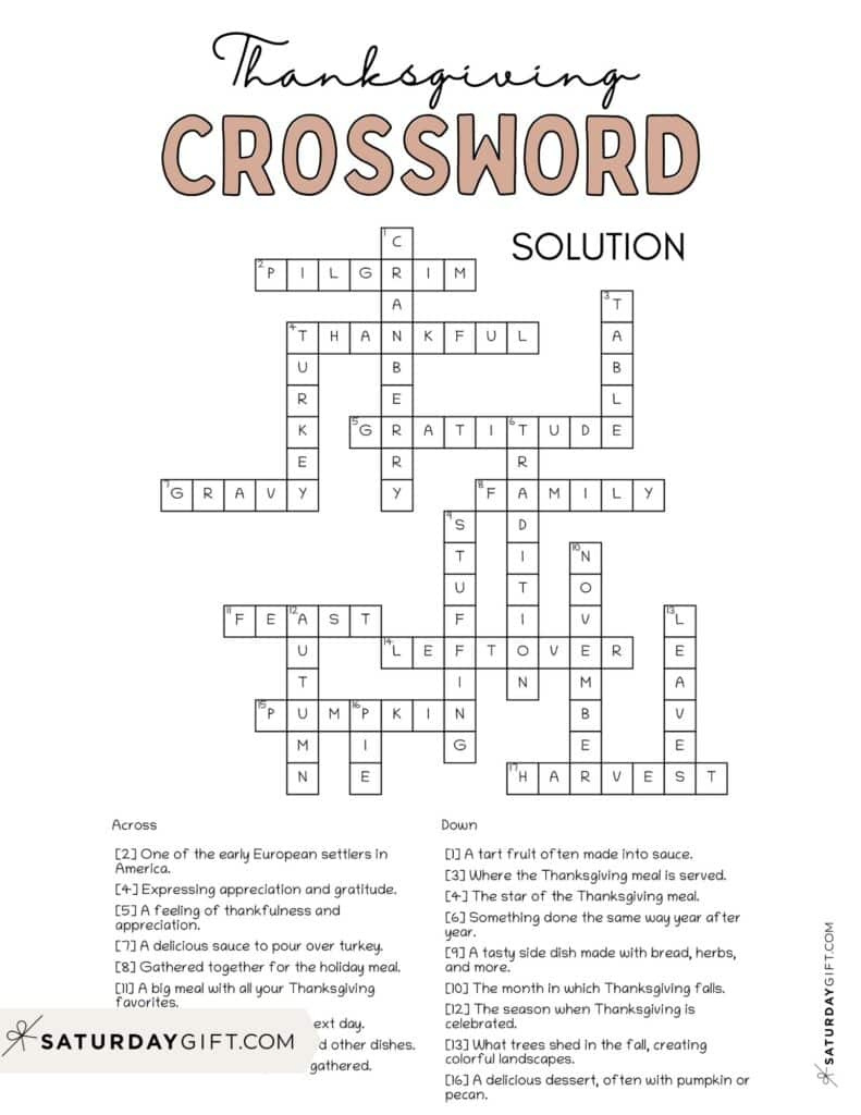 Thanksgiving Crossword Puzzle - Cute & Free Printable | Saturdaygift with regard to Thanksgiving Crossword Free Printable