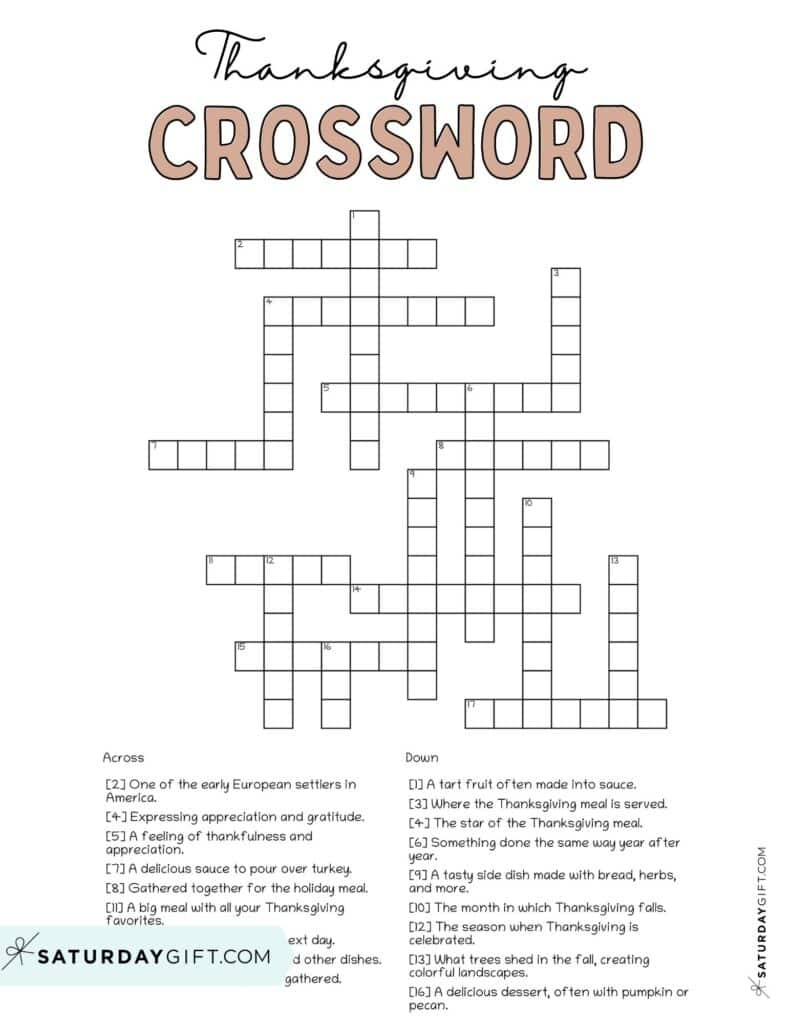 Thanksgiving Crossword Puzzle - Cute & Free Printable | Saturdaygift within Thanksgiving Day Crossword Printables