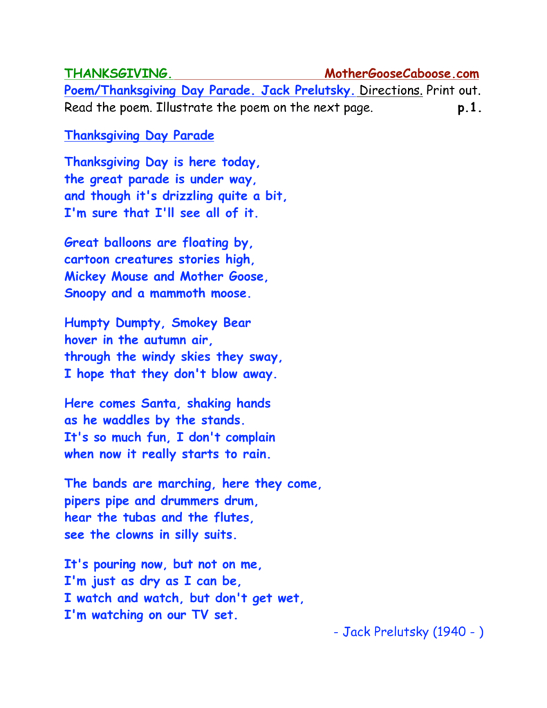 Thanksgiving Day Parade Poem &amp;amp; Illustration Worksheet within Thanksgiving Day Parade Poem