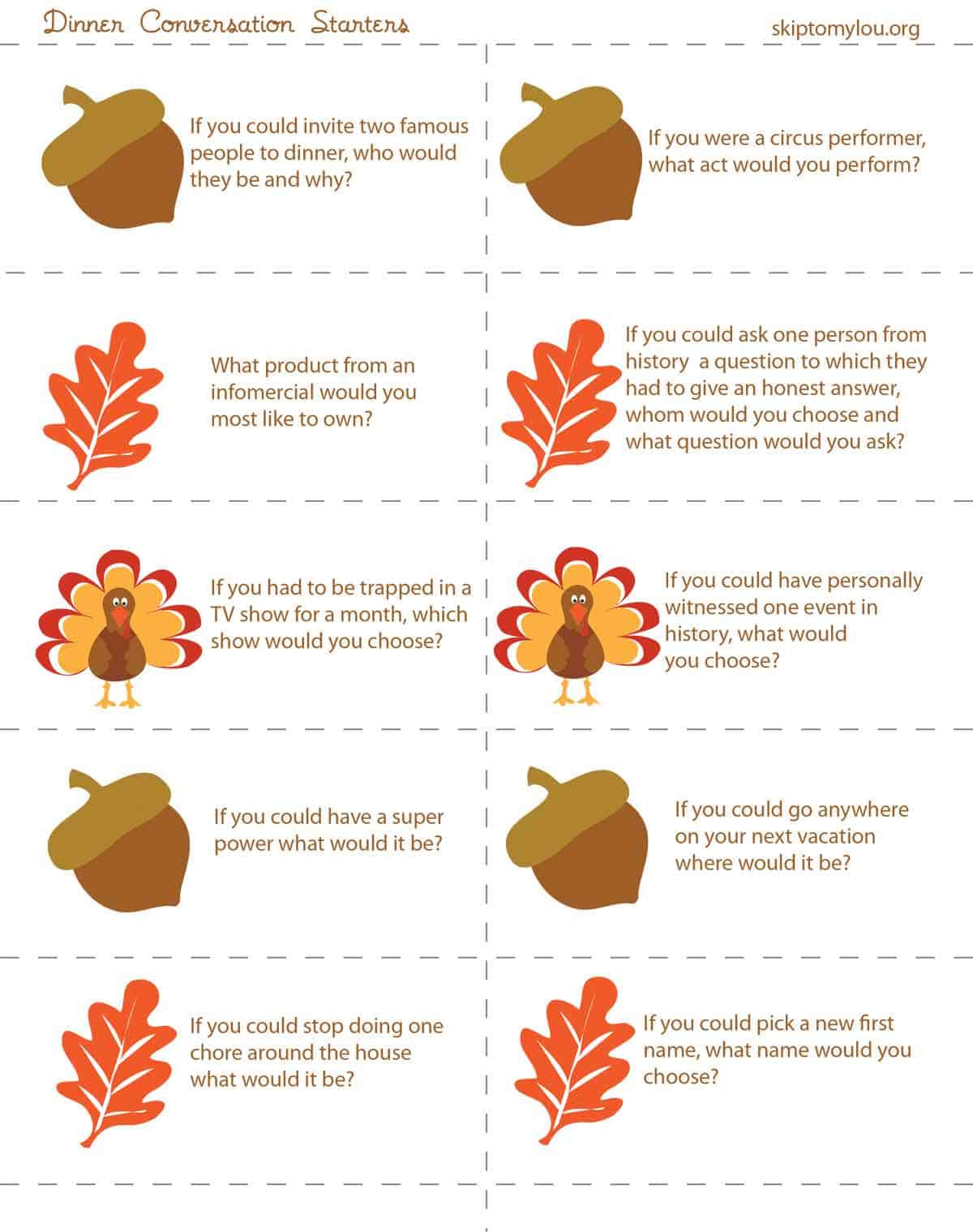 Thanksgiving Dinner Conversation Starters {Printable} | Skip To My Lou with Thanksgiving Conversation Cards Printable