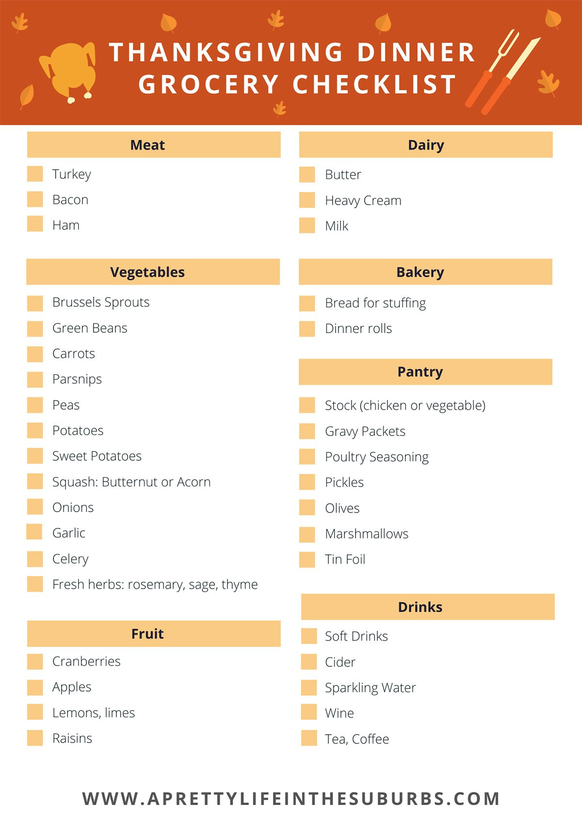 Thanksgiving Dinner Grocery Checklist - A Pretty Life In The Suburbs in Printable Thanksgiving Grocery Shopping List