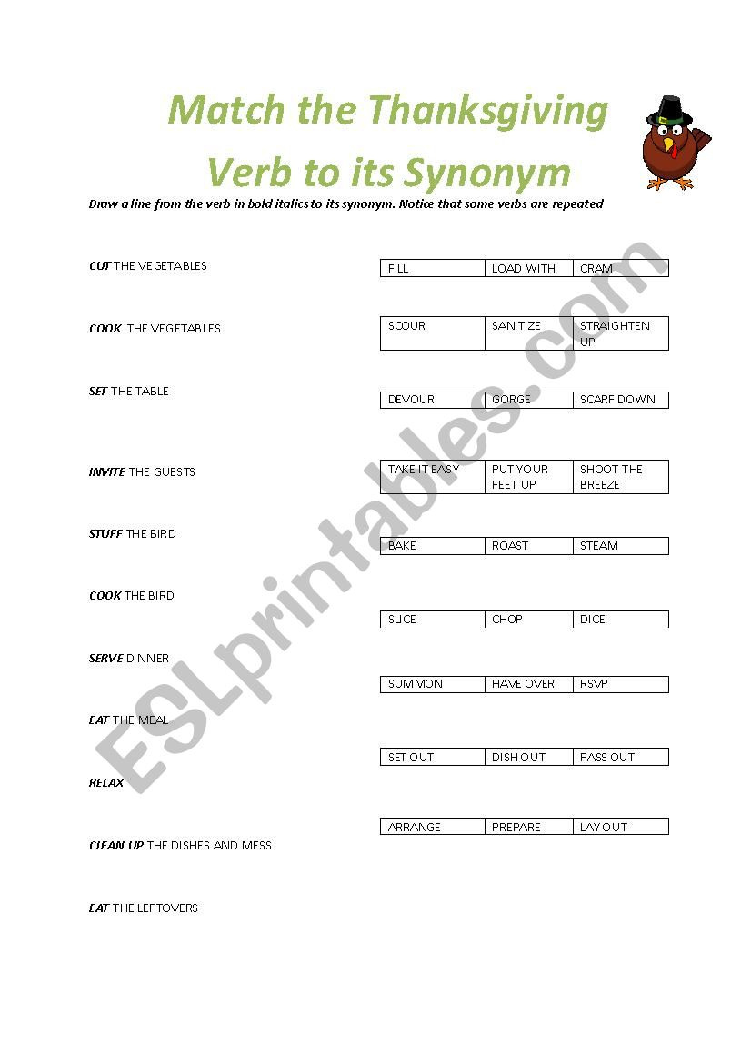 Thanksgiving Dinner Synonyms - Esl Worksheetupen Atem intended for Thanksgiving Synonyms Worksheet