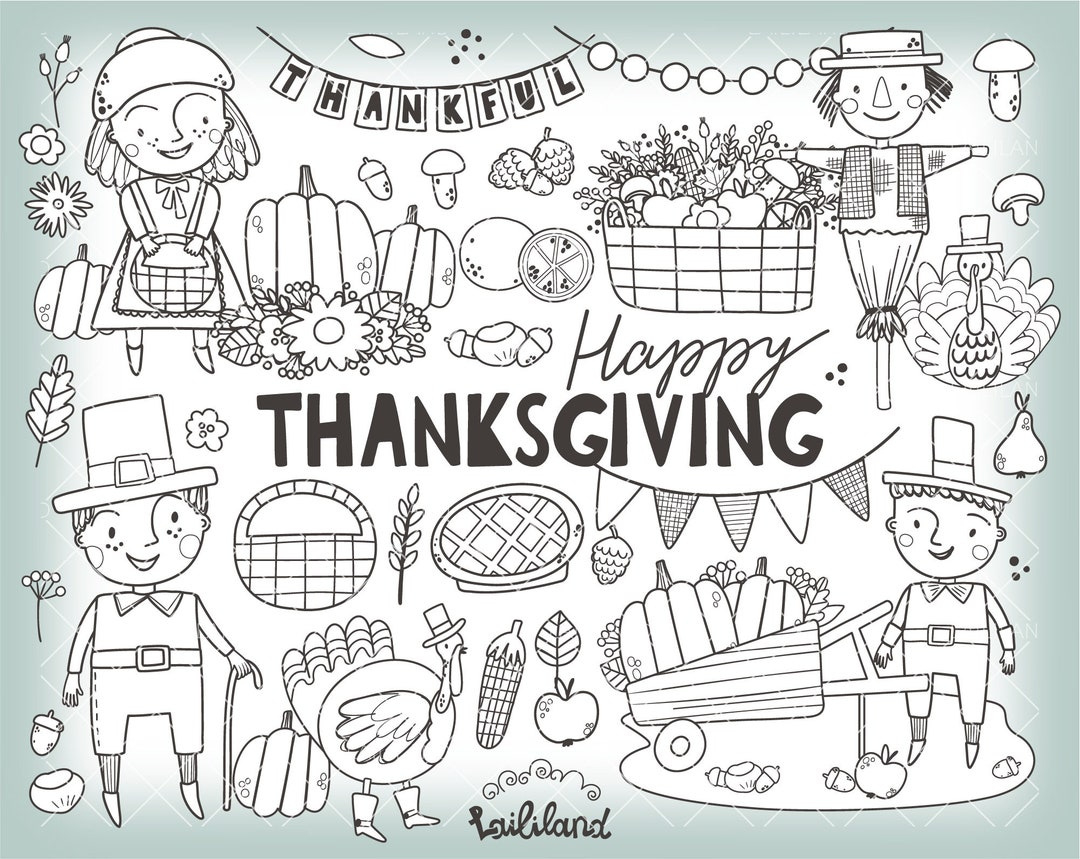 Thanksgiving Doodle Clipart: Black And White Thanksgiving Graphics intended for Printable Thanksgiving Clip Art Black And White