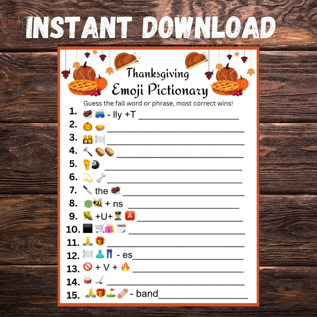 Thanksgiving Emoji Pictionary Game: Printable Fall Party (Digital within Thanksgiving Emoji Pictionary Printable