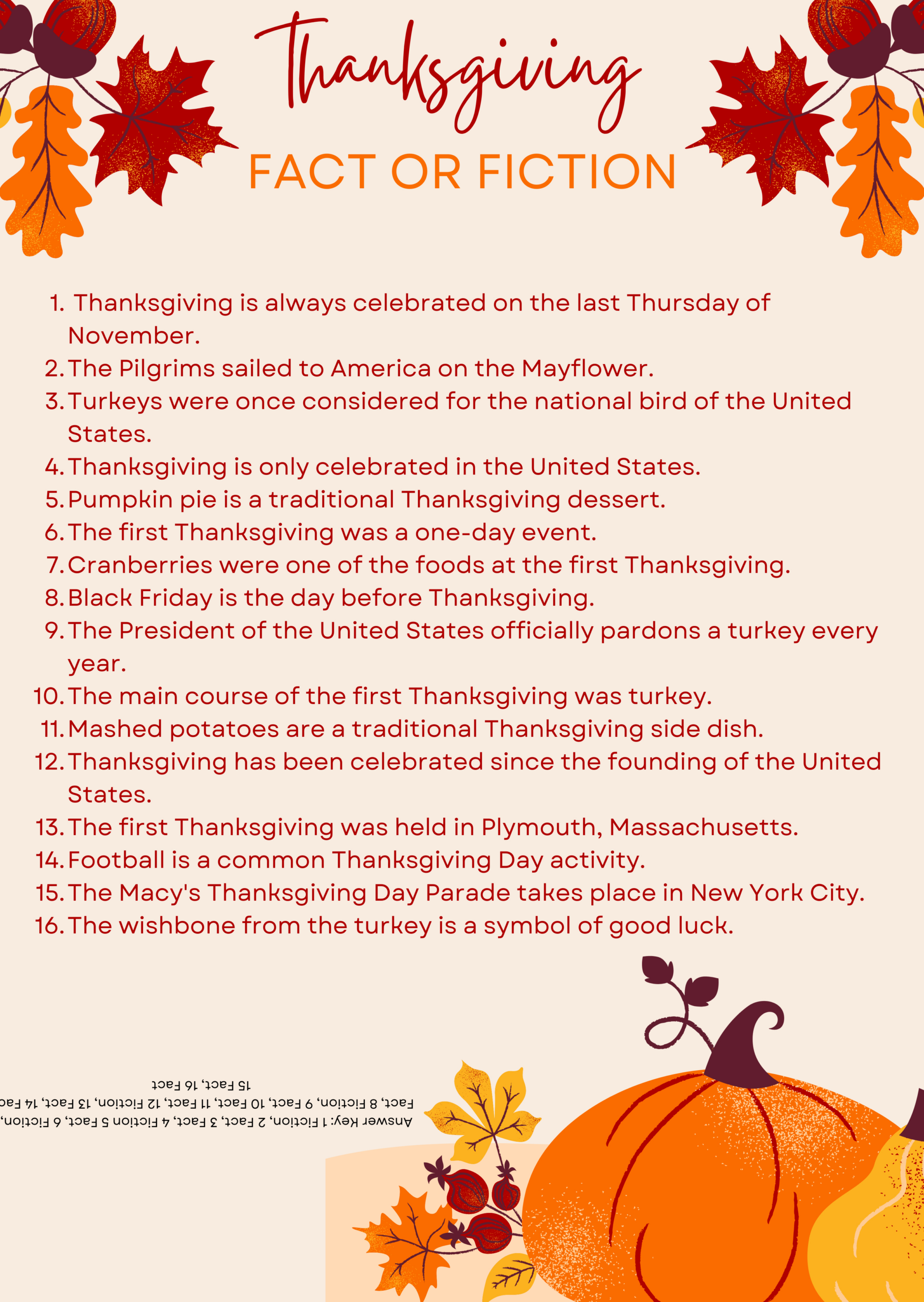 Thanksgiving Fact Or Fiction Questions For Kids - Free Printable throughout Thanksgiving Facts For Kids Printable