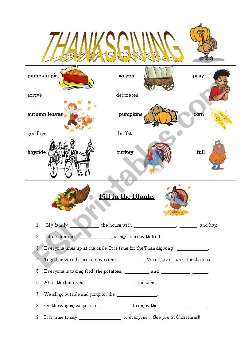 Thanksgiving Fill In The Blanks - Esl Worksheetjbm182 regarding Fill In The Blank Thanksgiving Worksheets
