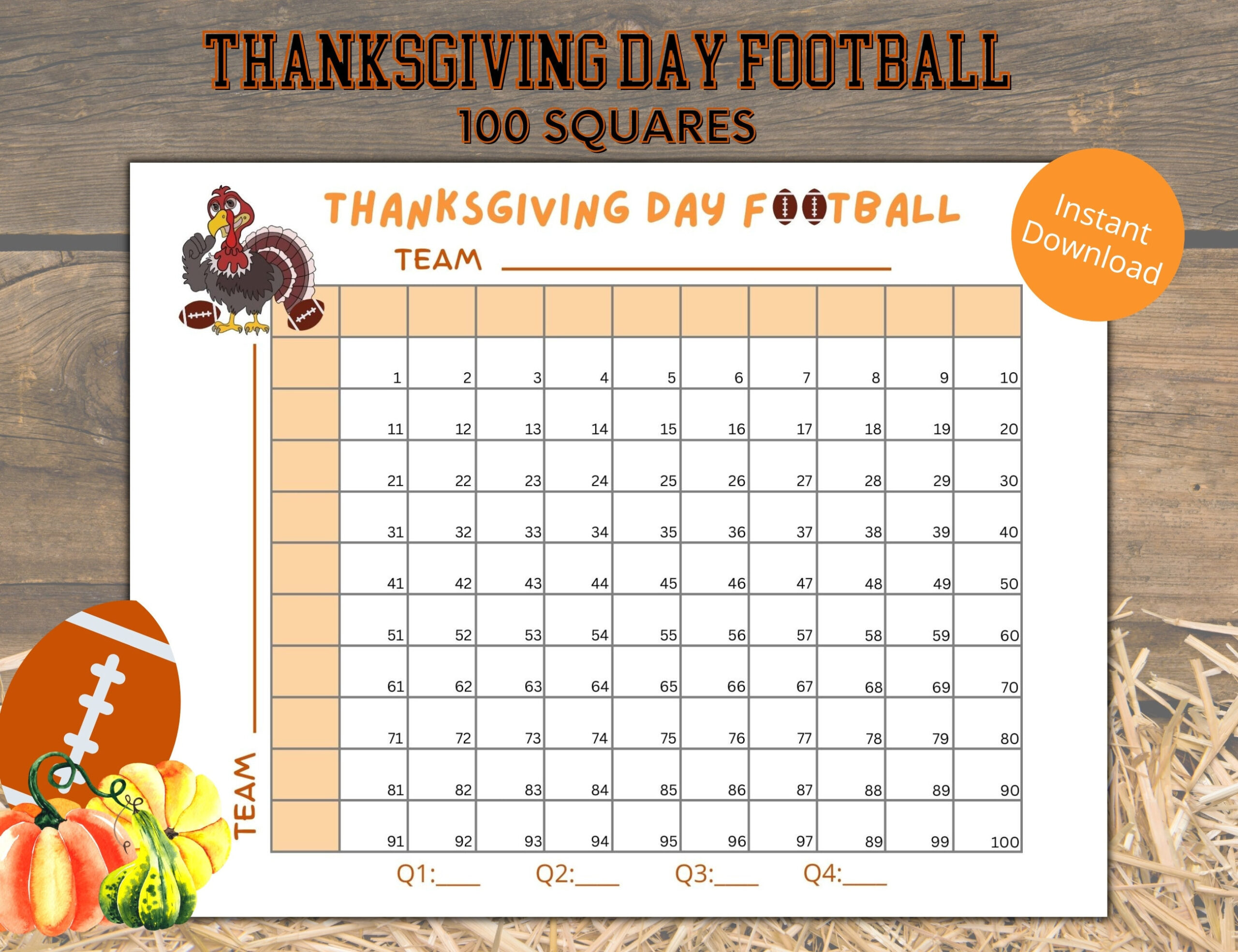 Thanksgiving Football 100 Squares Printable Game, Football Pool with Thanksgiving Football Squares Printable Free