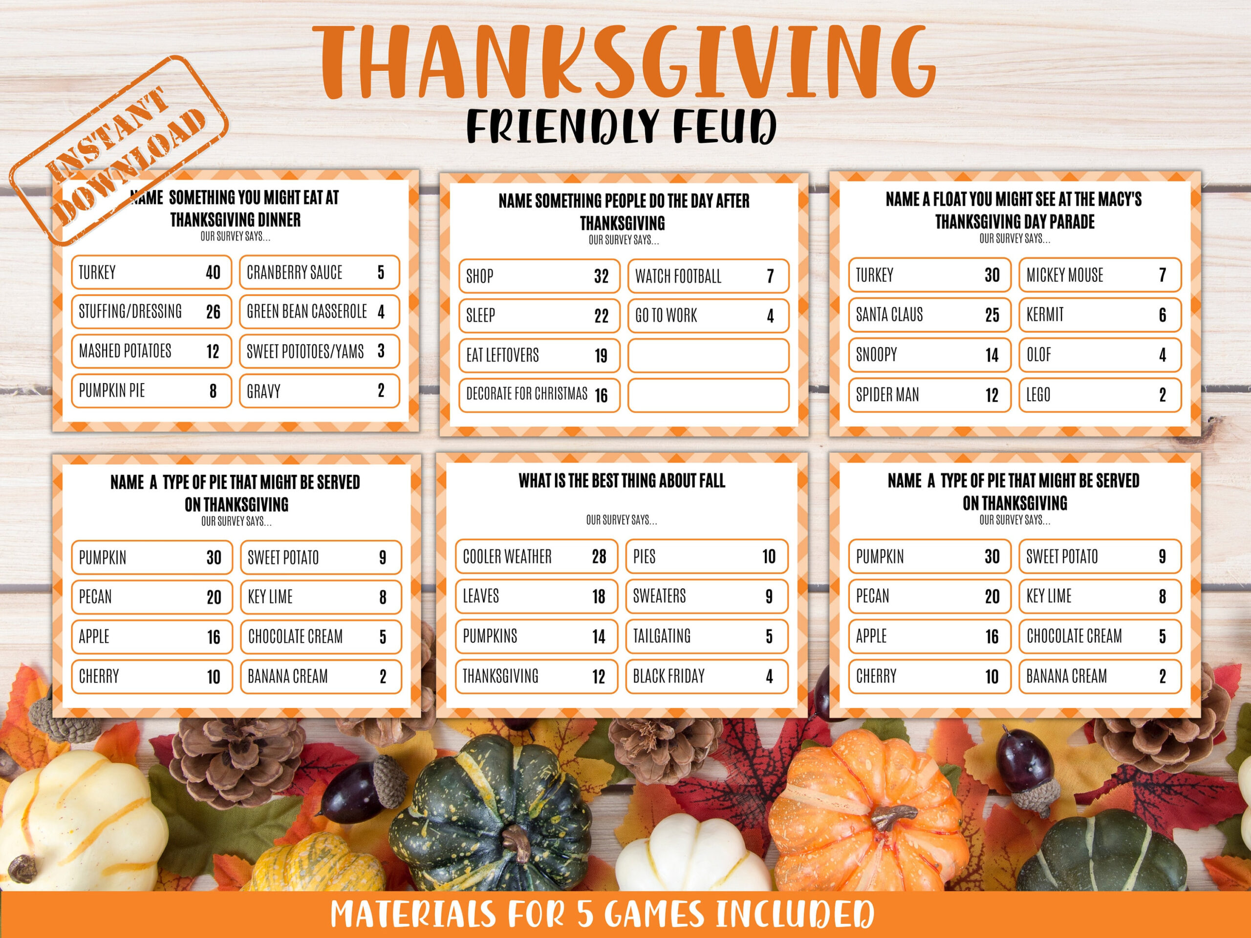Thanksgiving Friendly Feud Game: Family Trivia (Instant Download with Thanksgiving Family Feud Questions and Answers Printable