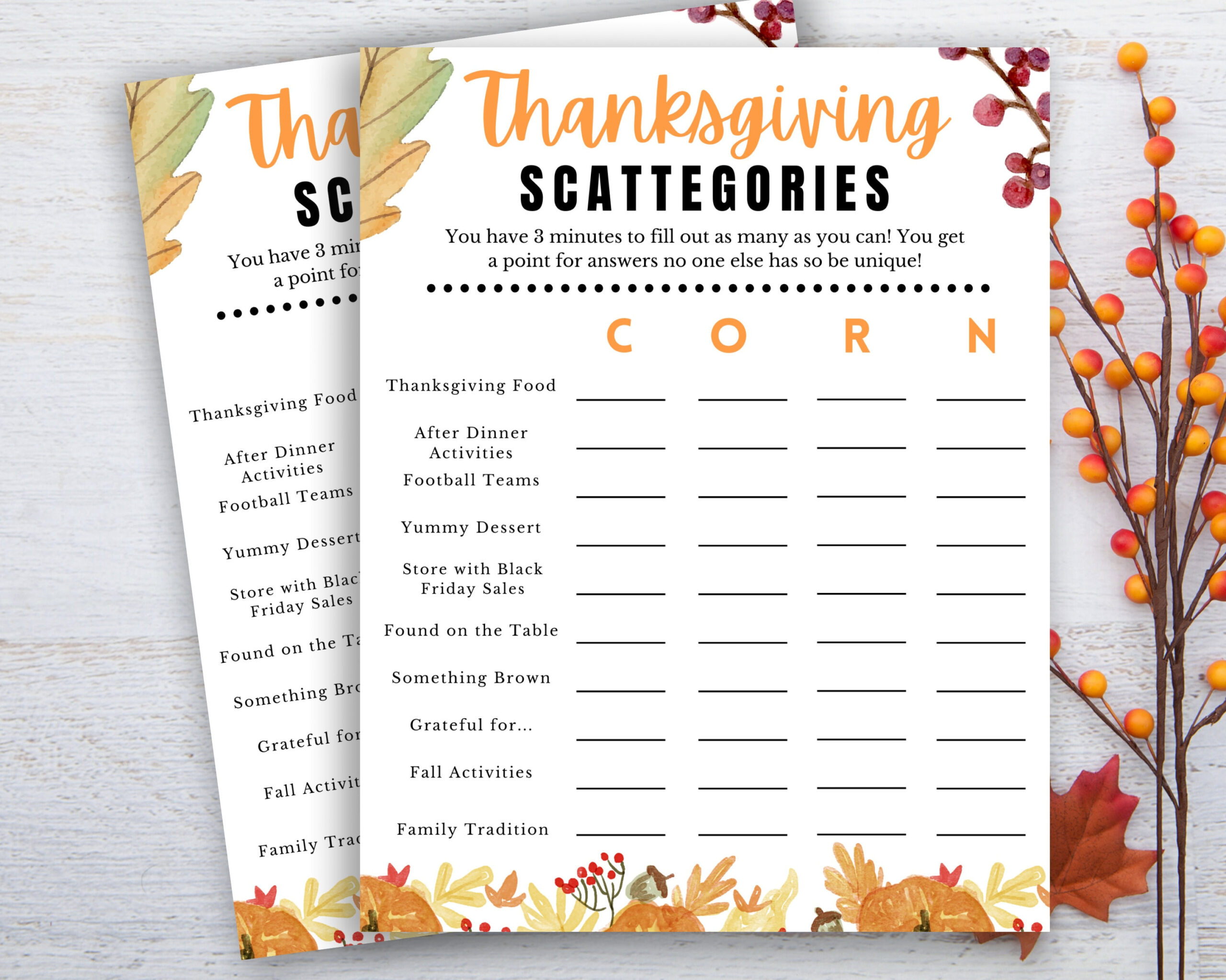 Thanksgiving Game Printable, Thanksgiving Scattegories for Thanksgiving Games Printable