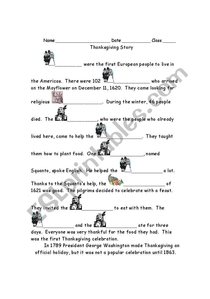 Thanksgiving History Cloze #1 - Esl Worksheetsuperjoy with Thanksgiving Cloze Worksheets