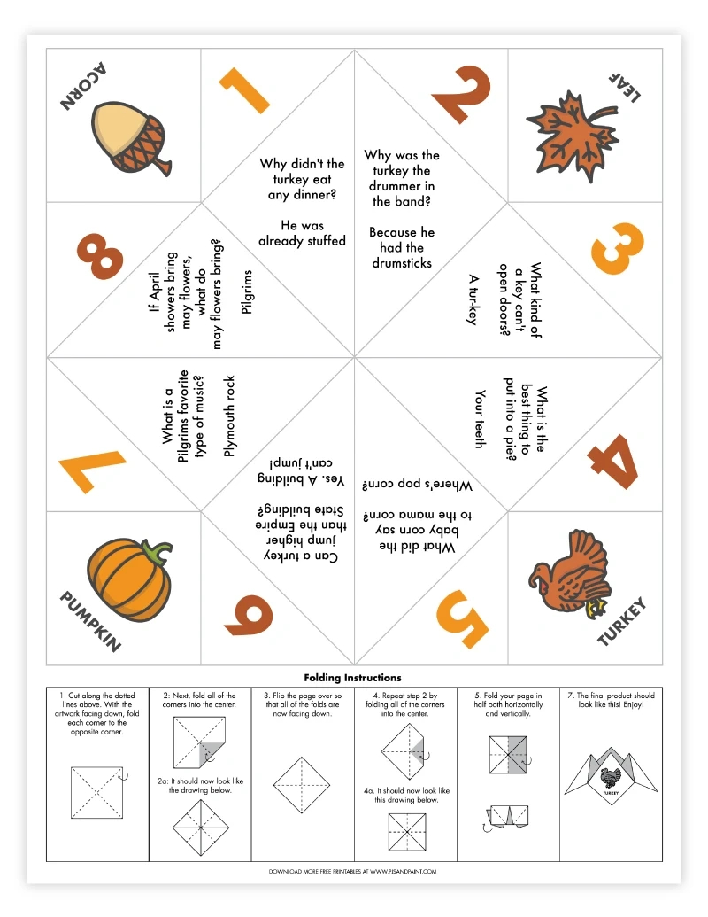 Thanksgiving Joke Cootie Catcher - Free Printable - Pjs And Paint inside Thanksgiving Cootie Catcher Printable