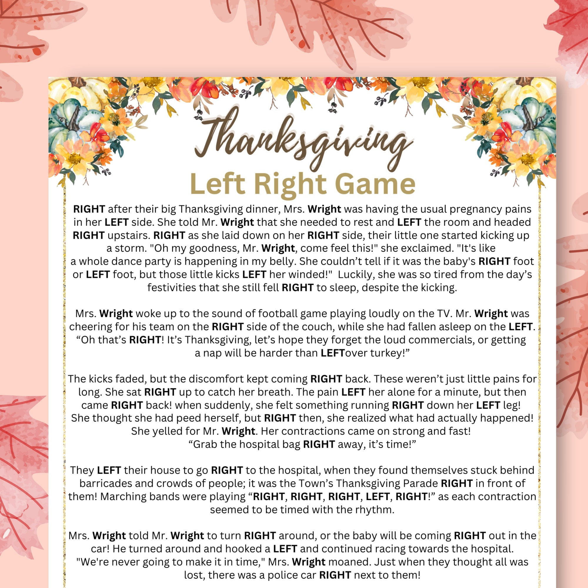 Thanksgiving Left Right Story Game, Fun Thanksgiving Games for Thanksgiving Left Right Story Printable