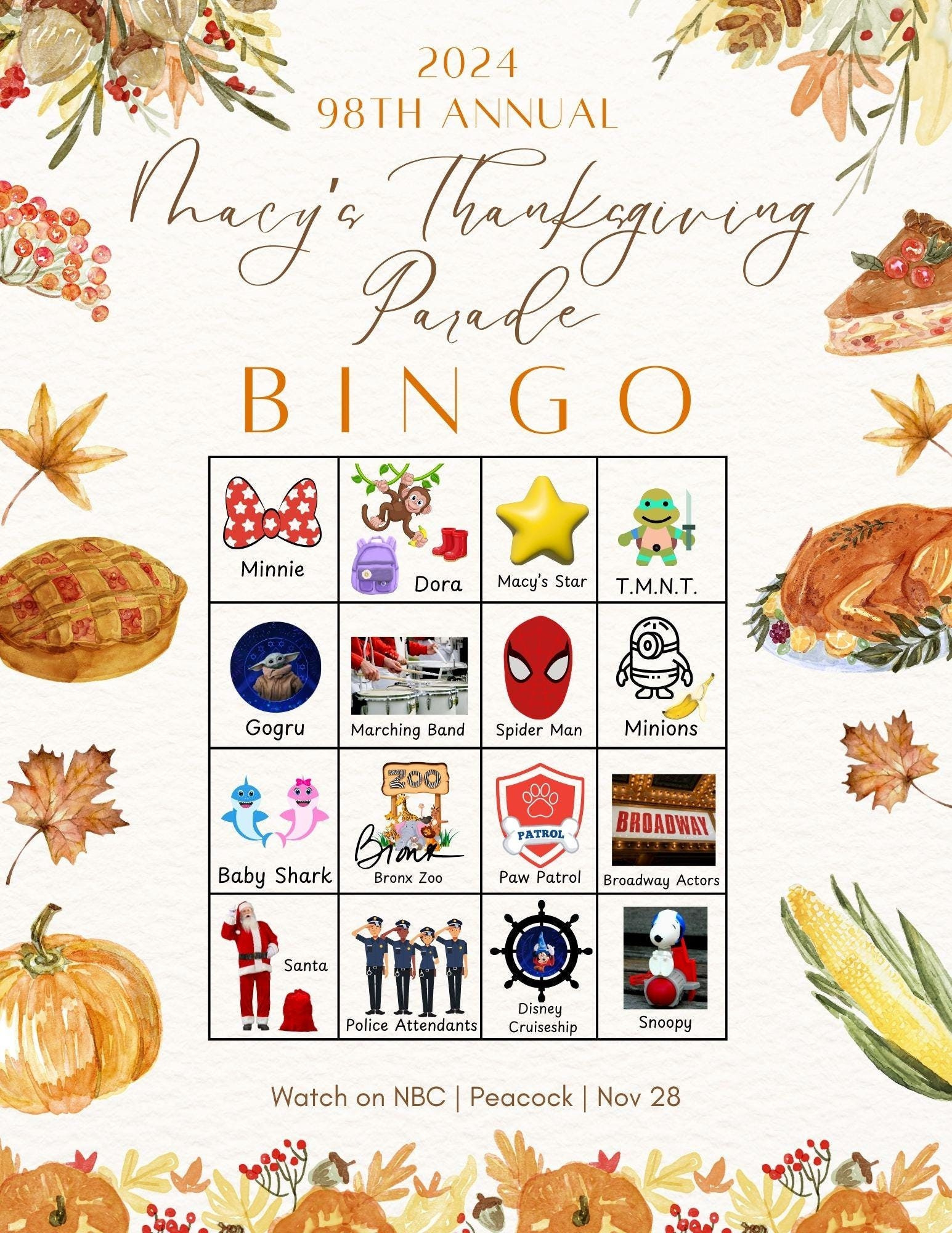 Thanksgiving Macy&amp;#039;S Parade Bingo Printable Kid&amp;#039;S Kinder Aktivität within Thanksgiving Parade Bingo Printable