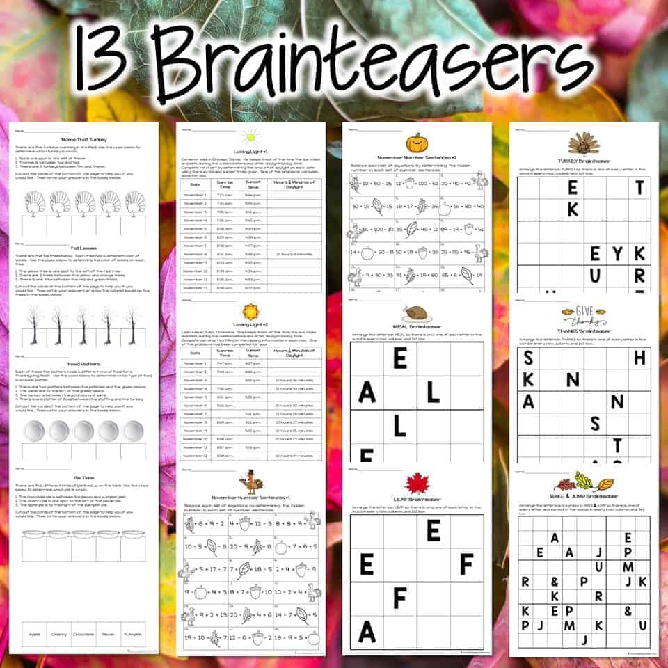 Thanksgiving Math Challenges & Brainteasers - with Thanksgiving Brain Teasers Printable