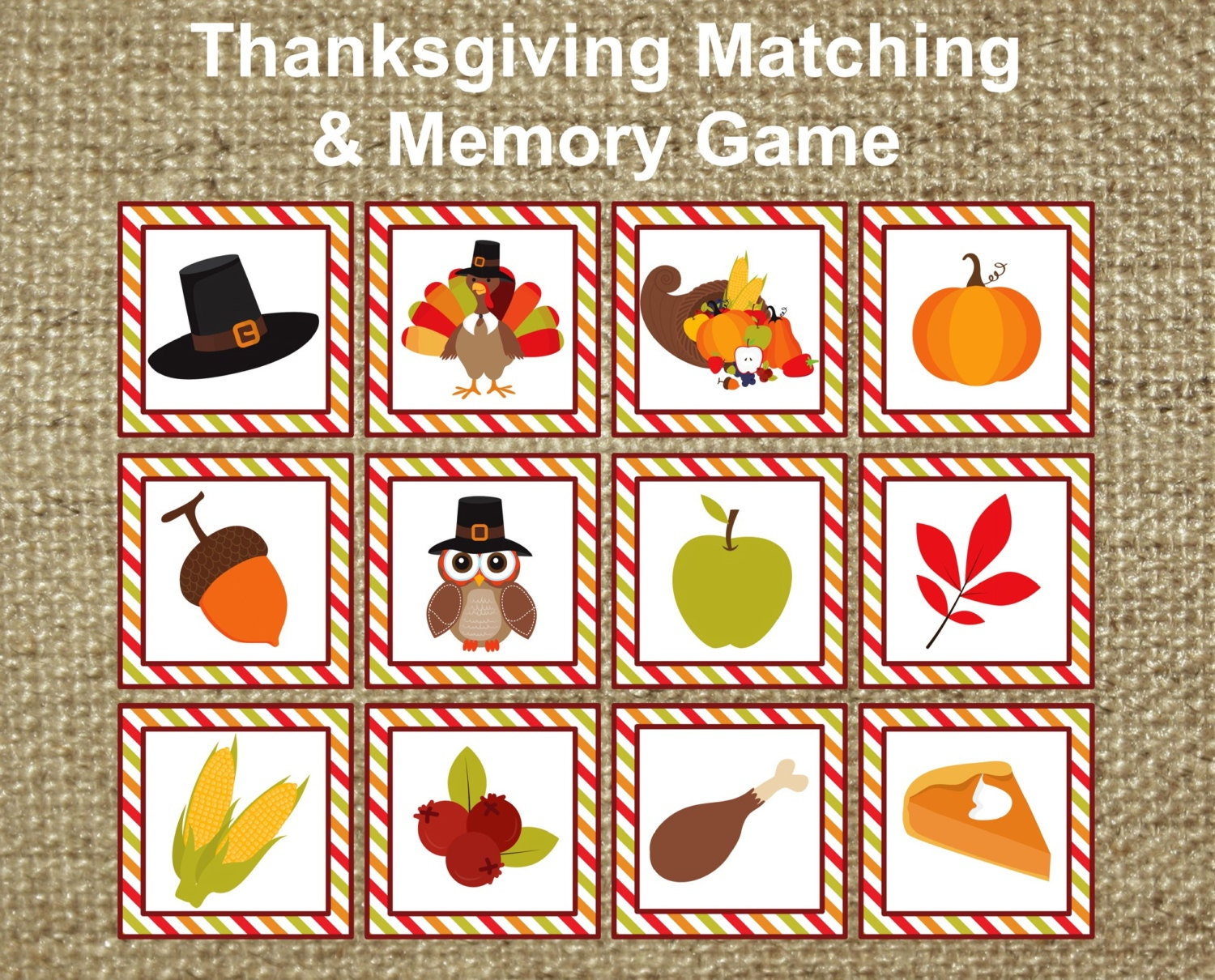 Thanksgiving Memory &amp;amp; Matching Game. Instant Digital Download with Thanksgiving Memory Game Printable