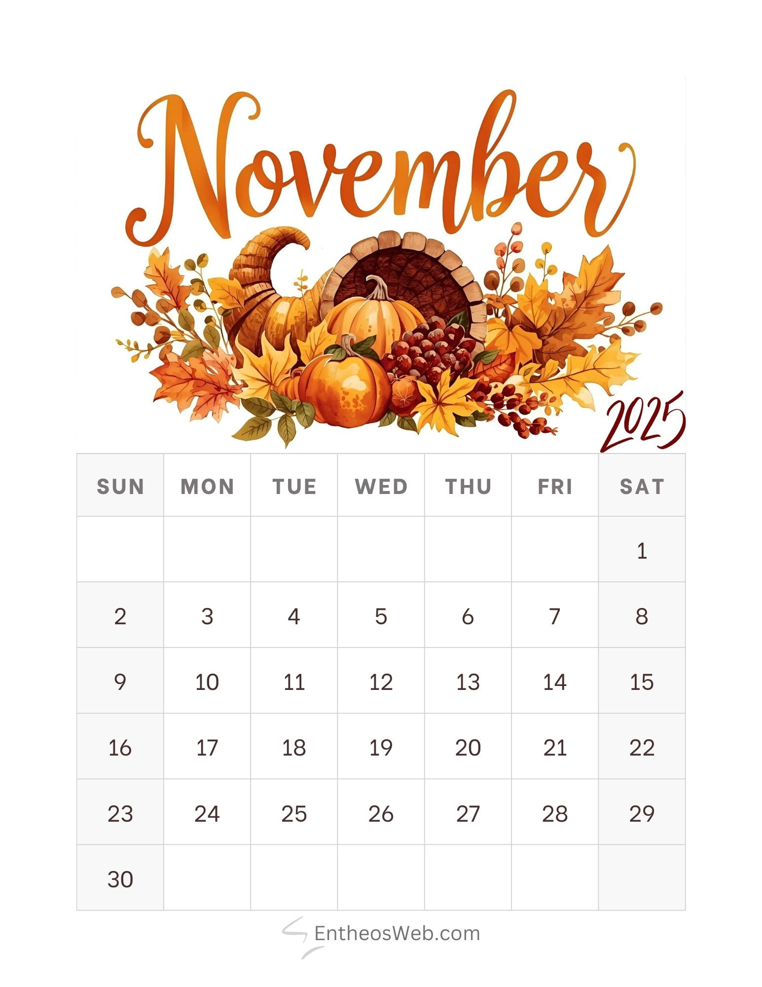Thanksgiving November Printable Calendar | Entheosweb in Thanksgiving 2025 Pictures Printable