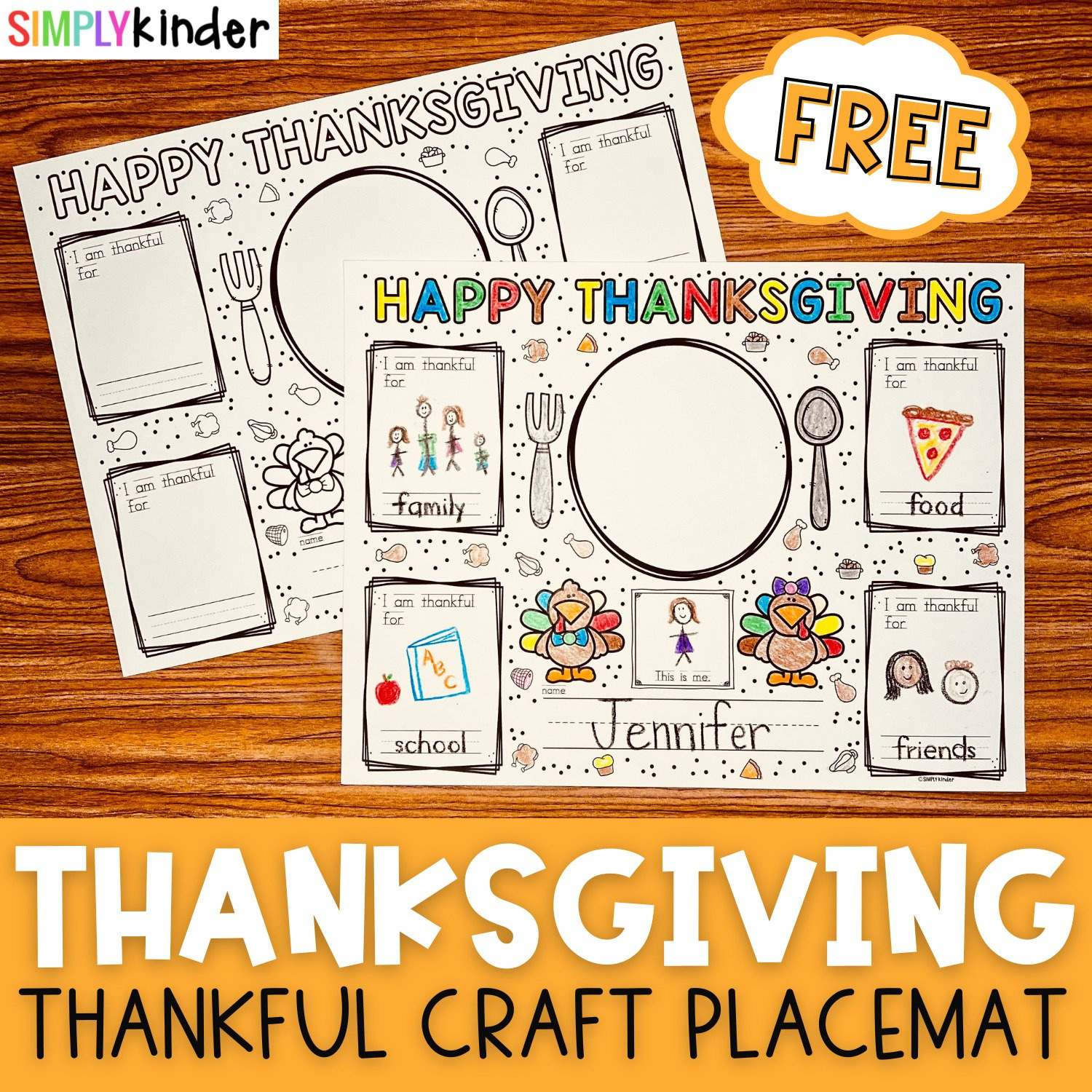 Thanksgiving Placemats Free Printable For Kindergarten - Simply Kinder with I Am Thankful For Placemat Printable Free