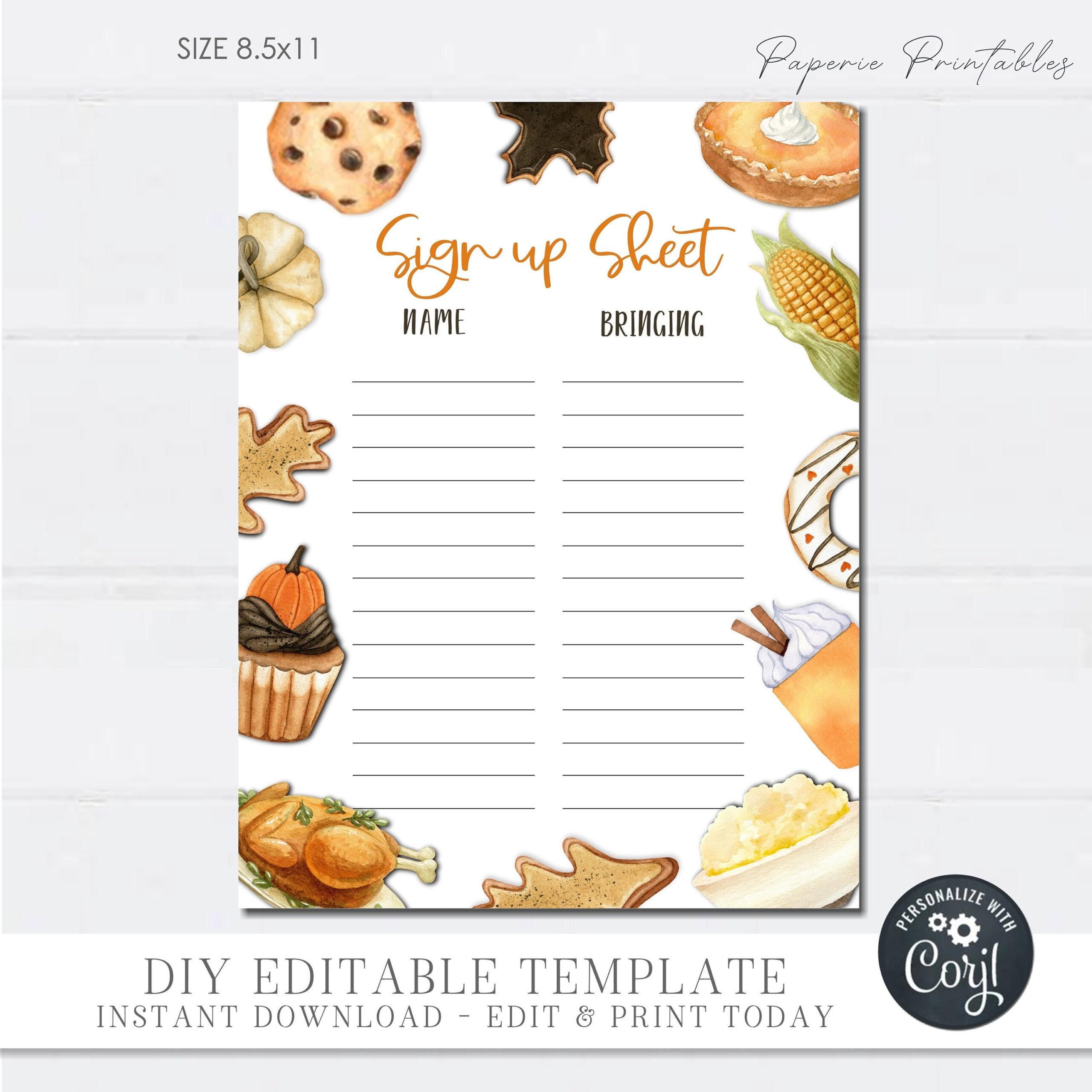 Thanksgiving Potluck Sign Up Sheet: Editable Diy Form (Digital throughout Thanksgiving Meal Sign Up Sheet Printable