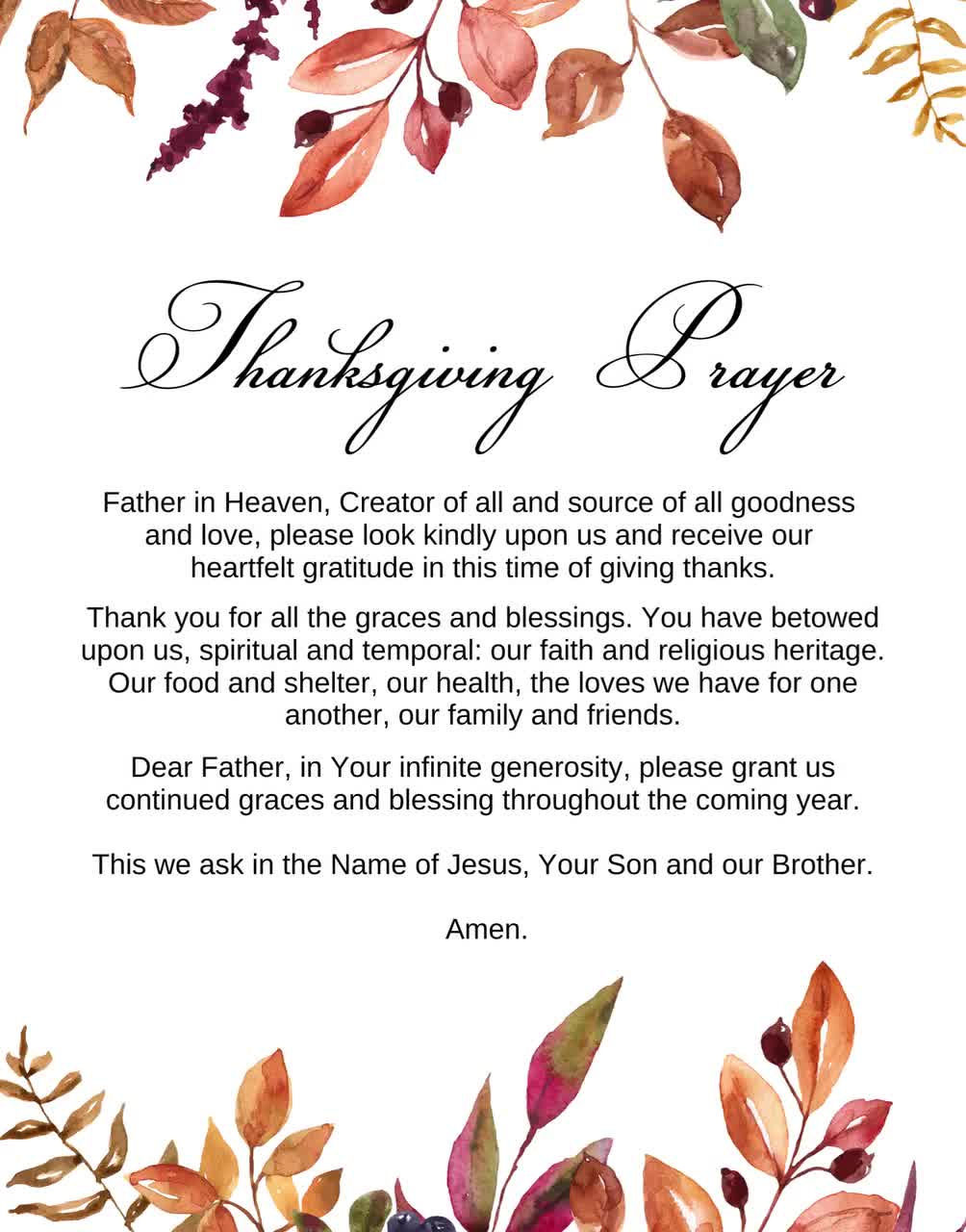 Thanksgiving Prayer Printable: Catholic Wall Art (Digital Download) with regard to Thanksgiving Prayer Cards Printable