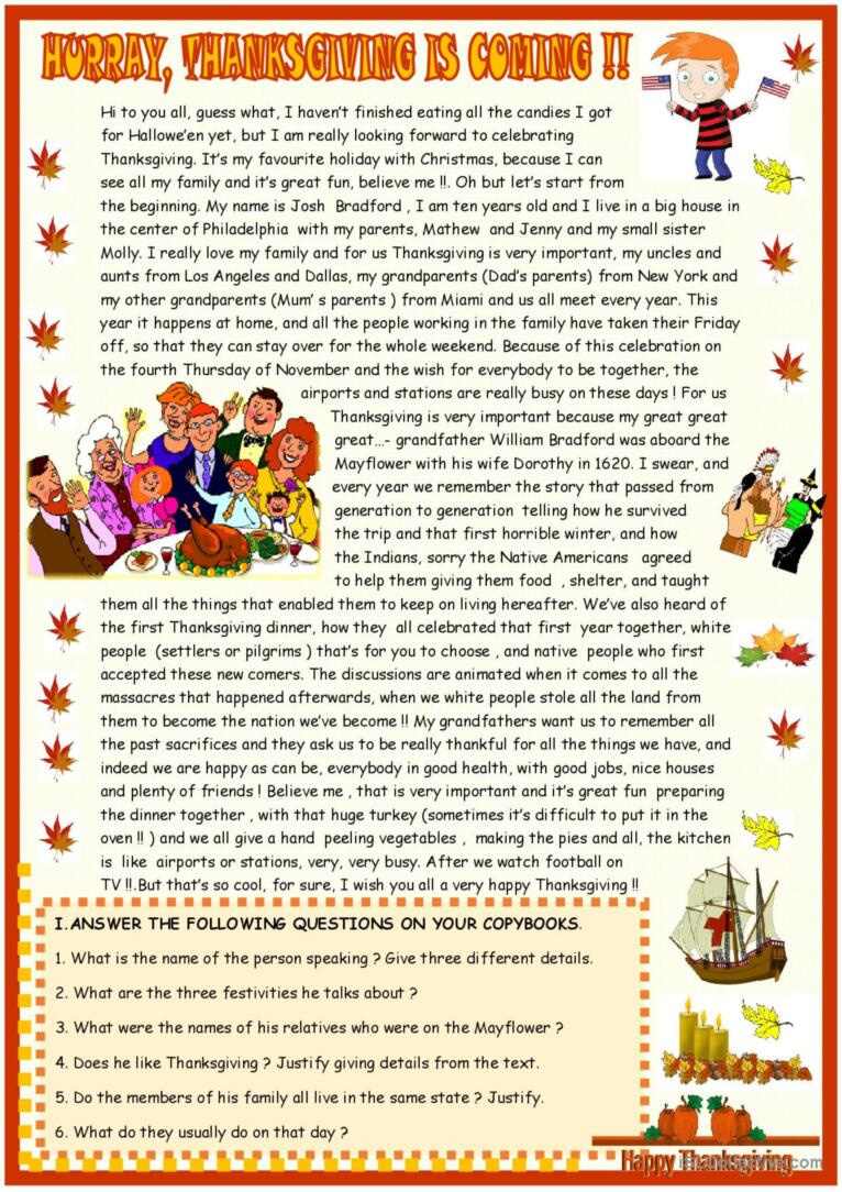 Thanksgiving : Reading Comprehension…: English Esl Worksheets Pdf regarding Thanksgiving Reading Comprehension Worksheet
