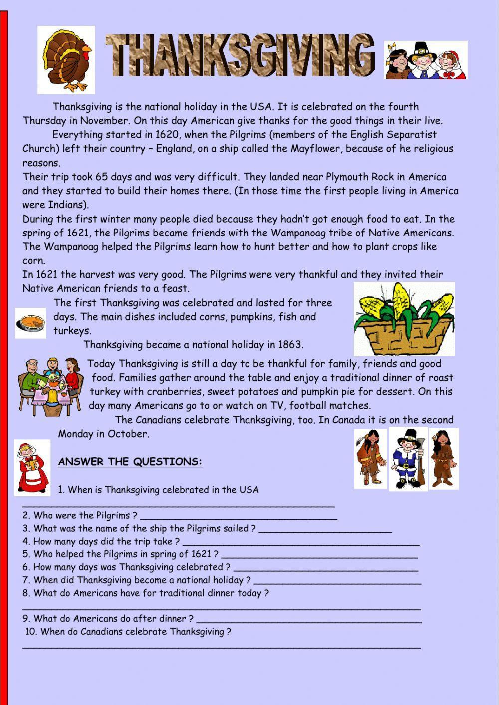 Thanksgiving Reading Comprehension Worksheet | Live Worksheets for Printable Thanksgiving Reading Comprehension Worksheets
