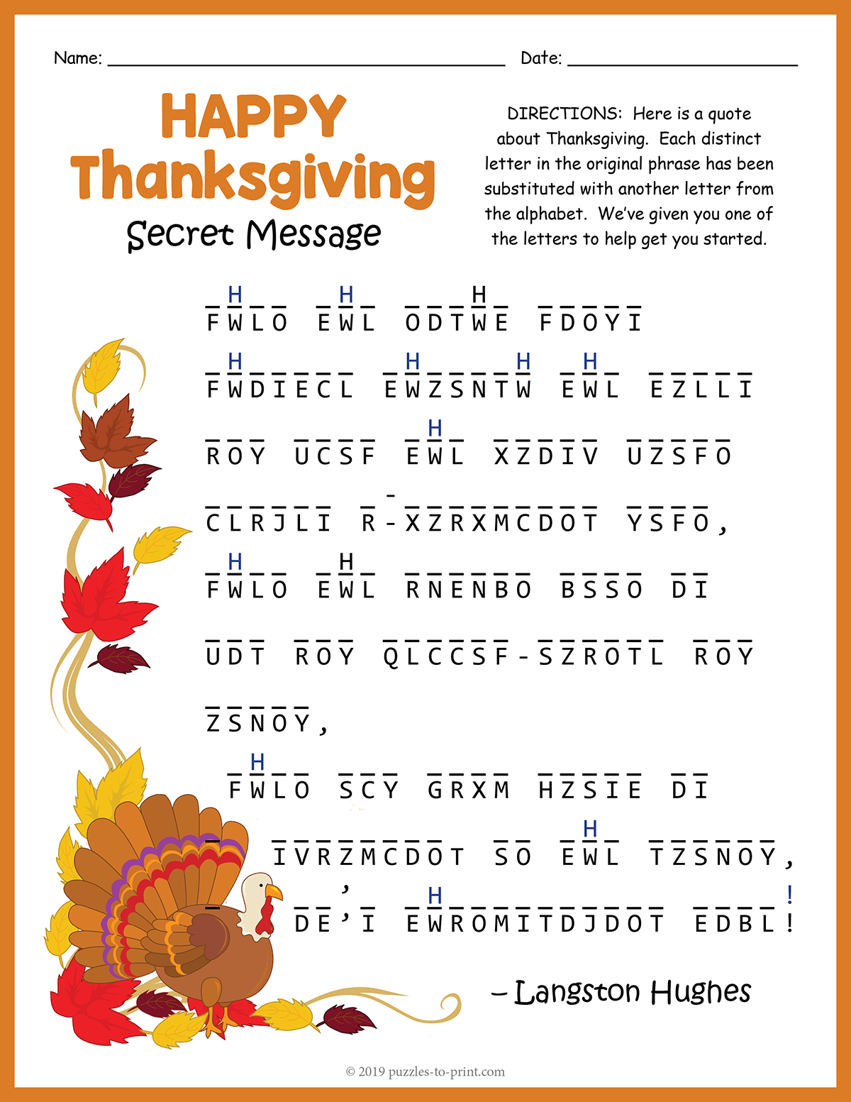 Thanksgiving Secret Message Puzzle in Thanksgiving Secret Code Worksheets