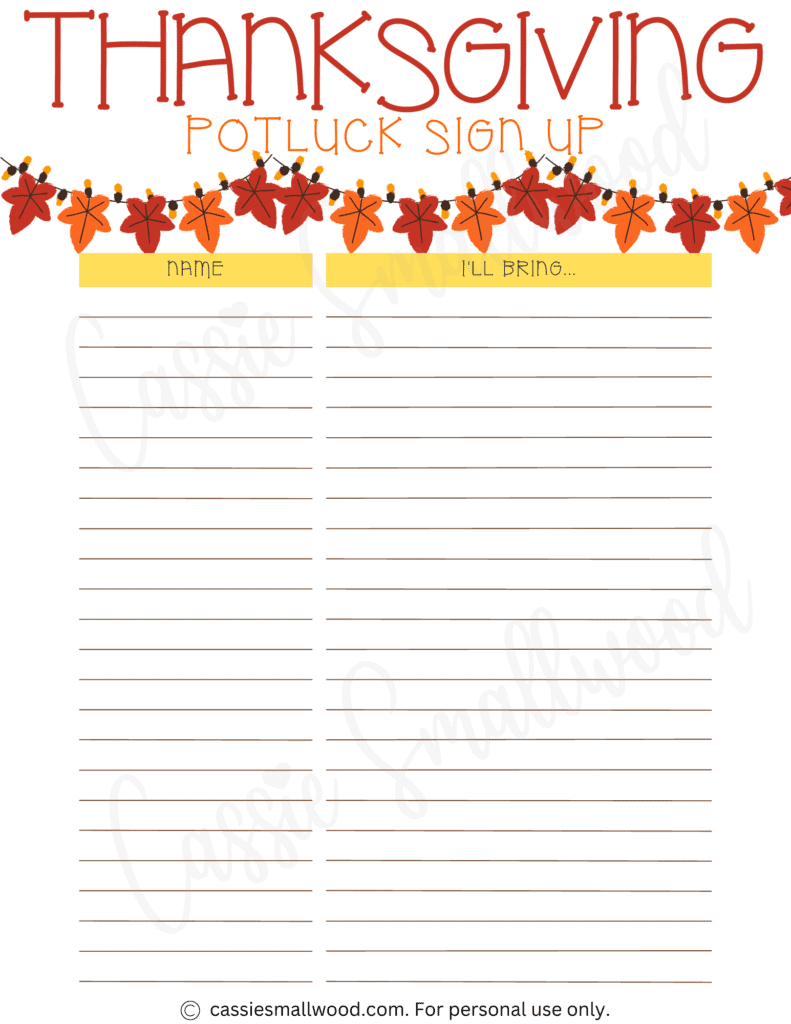 Thanksgiving Sign Up Sheet Printable - Printable Party Favors inside Printable Thanksgiving Signup Sheet