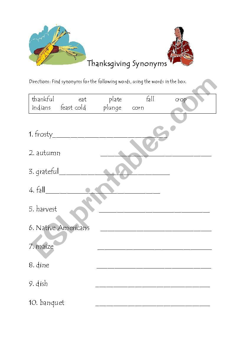 Thanksgiving Synonyms - Esl Worksheetsteveheintz intended for Thanksgiving Synonyms Worksheet