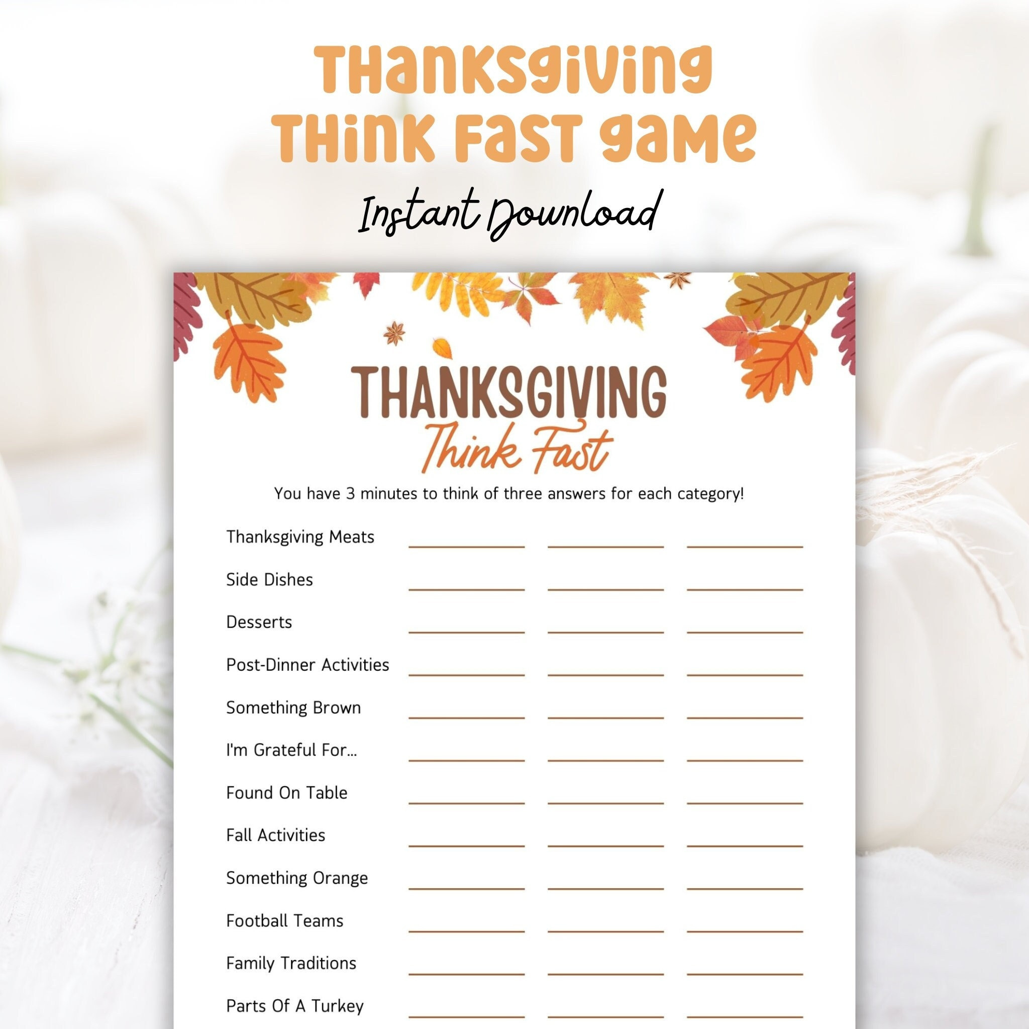 Thanksgiving Think Fast Game, Printable | Family Thanksgiving Game For Kids And Adults, Classroom Or Office Party Game regarding Thanksgiving Think Fast Game Free Printable